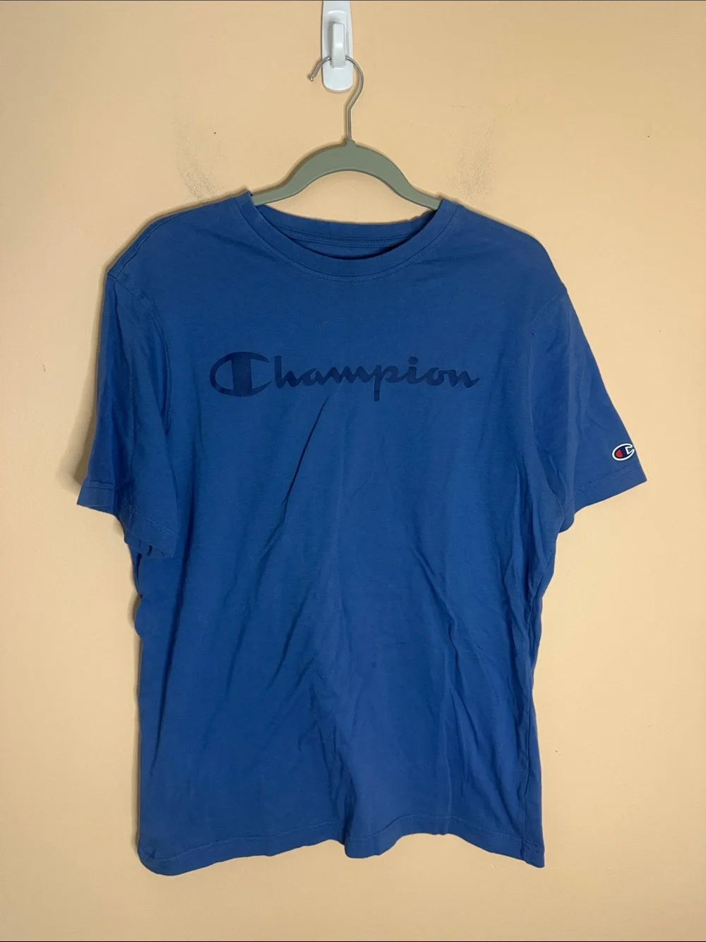 Champion Blue Script Logo Crewneck T-Shirt - Picture 1 of 6
